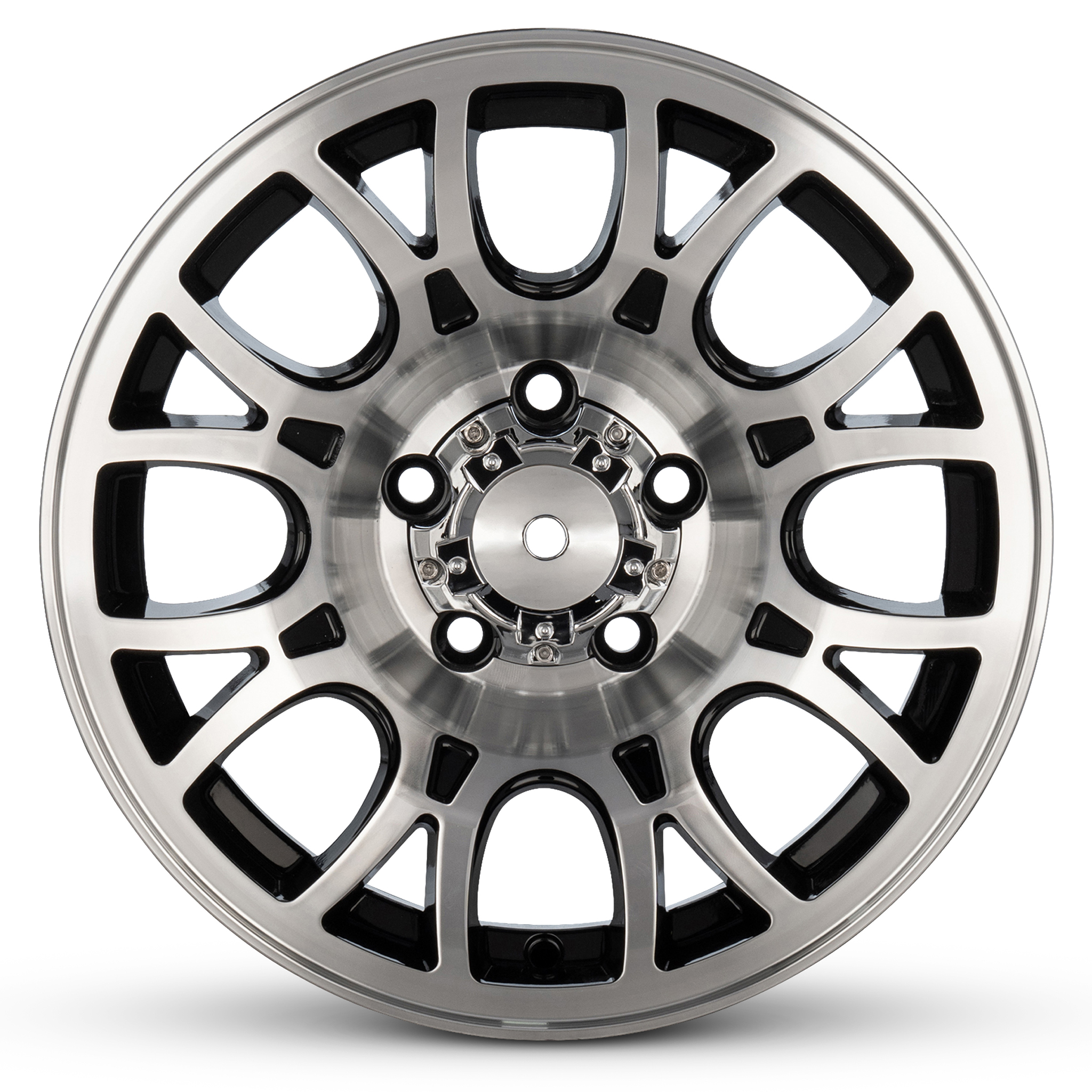 C32-E251C - 5 SPOKE ALUMINUM WHEEL - FULLY CHROME PLATED - 5.5 INCH WIDE X  15 INCH DIA. - 5X112MM BUS 71-79 BOLT PATTERN WITH CENTER CAP - USES 60%  ACORN HARDWARE - HARDWARE SOLD SEPARATELY - SOLD EACH, image size:2048x2048