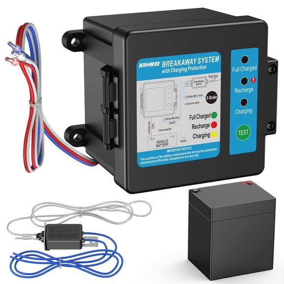 Trailer Brakes Breakaway Kit, Built-in 12V 5AH Battery and Charger, Side-Mount Break-Away Controller System with Coiled Cable, Secure for Caravan LED Indicator