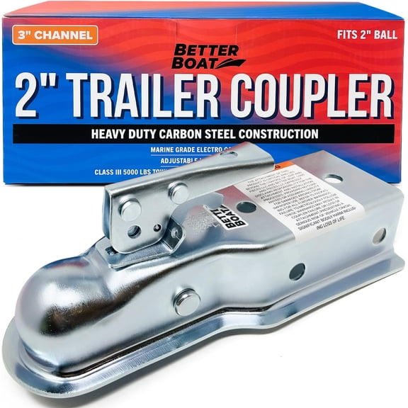 Trailer Coupler 2 Inch Ball, Compatible with 3 Inch Channel Width, Marine Grade, Class III, Straight Tongue, Boat Parts and Trailer Accessories
