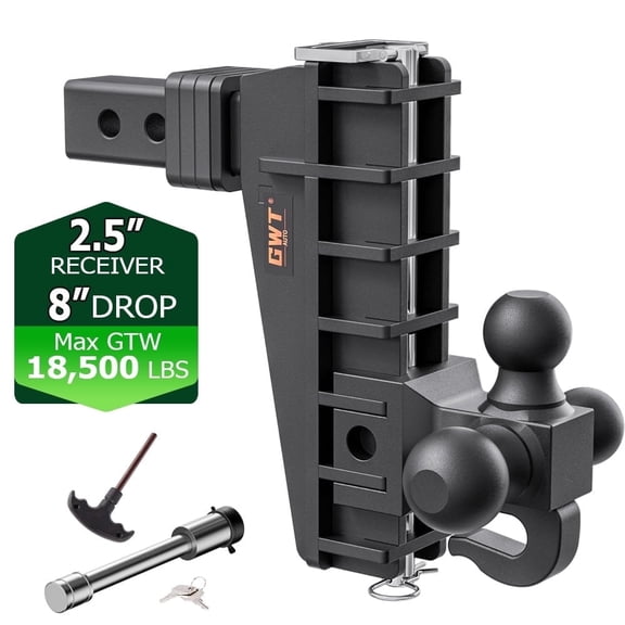 GWTAUTO Adjustable Trailer Hitch with Hook, Tri-Ball (1-7/8" x 2" x 2-5/16") Drop Hitch, Fits 2.5-Inch Receiver, 8 Inch Drop Hitch, 18500 LBS GTW-Class 3 Tow Hitch for Heavy Duty Truck