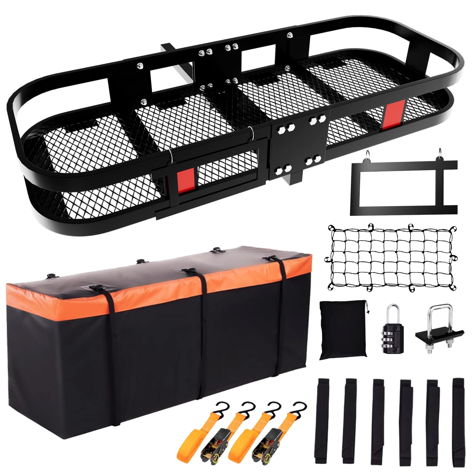 Trailer Hitch Cargo Carrier 500 Lbs｜Heavy Duty Hitch Basket｜60" X 24" X 6" Folding Cargo Carrier Hitch Mount Fits 2" Hitch Receiver with Waterproof Cargo Bag,License Plate Frame for Truck,SUV,RV