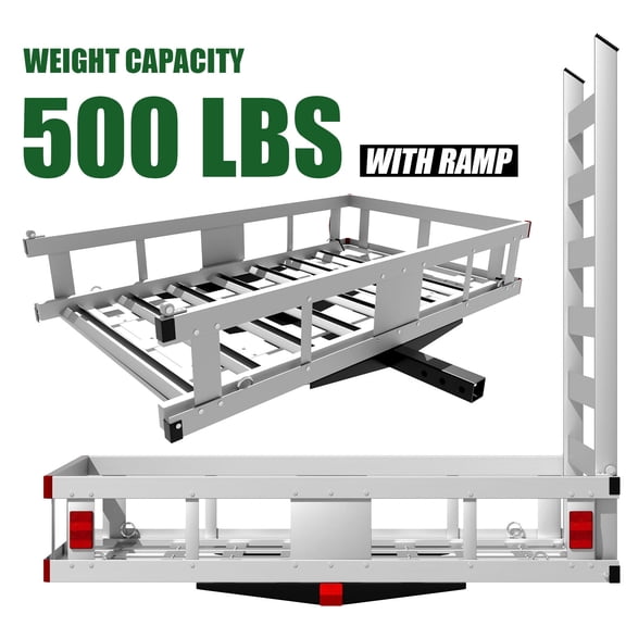 Trailer Hitch Cargo Carrier, Iron Luggage Carrier Rack, Mounted Trailer with Ramp, Trailer Hanging Basket,Iron Alloy, 500 lbs Weight Capacity, Tie-down Points for Securing Cargo, Gray for SUV