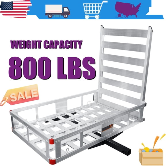 Trailer Hitch Cargo Carrier, Trailer Hanging Basket, Heavy Duty Aluminum Alloy Mounted Trailer with Ramp, Aluminum Luggage Carrier Rack 50x29.5x9", 800 lbs Weight Capacity for RV Trucks SUV Vans