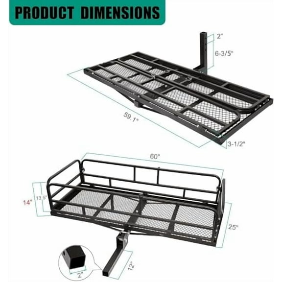 Trailer Hitch Cargo Rack, 60 x 24 x 14 Inch Folding Hitch Mount Cargo Carrier with High Side Rails for RV Truck SUV Van, 500 lbs. Capacity, 2" Receiver, Black