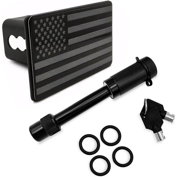 Trailer Hitch Cover, 2 Inch Hitch Cover Tube Plug Insert with Pin Bolt, Dust-Proof Heavy Metal Tow Receiver Plug Cap with American Flag, Universal Trailer Car Accessories (Black)