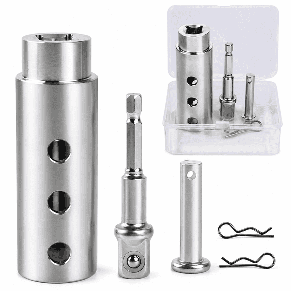 Trailer Jack Drill Adapter for 1 Inch Drive Shaft, Heavy Duty RV Jack Crank Adapter with 1/2 Inch Socket Bit, Clevis Pin and R Clips for Camper, Dump and Construction Trailers