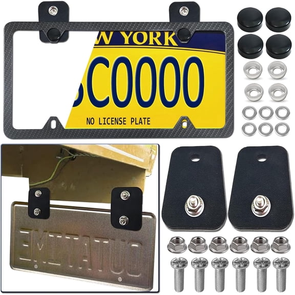 Trailer License Plate Holder Bracket- Truck/RVs/Boats/Jet Ski Rubber Car Tag Holder and Carbon Fiber Frame with Black Screw Caps