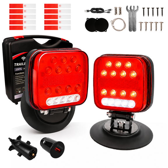 Trailer Lights Magnetic - Towing Tail Light Kit Reverse Light For Trucks, Boat, RV, Vehicle, Caravan, Square Portable Magnetic With Parking Turn Reverse License Plate Trailer Taillights