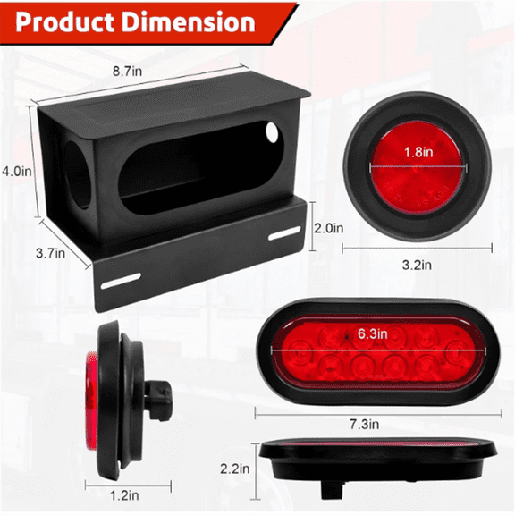 Trailer Lights Welded Mount Steel Boxes Housing Kit w/6 inch LED Oval Tail Lights & 2 inch LED Red Round Side Lights w/Grommets Wire Pigtails Connectors (Pack of 2)
