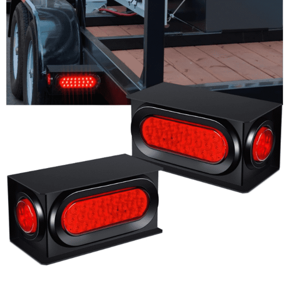 Trailer Lights Welded Mount Steel Boxes Kit w/6 inch LED Oval Tail Lights & 2 inch LED Red Round Side Lights w/Grommet wire connectors, 2 Pack