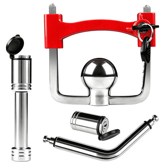 Trailer Lock Set, Includes Universal Coupler Lock, Trailer Hitch Receiver Pin Lock, Lock Pin, Lock Heads, Red