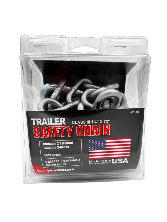 Trailer Safety Chain, 1/4" x 72", Latching S-Hooks, Peerless Chain Company, #4751503