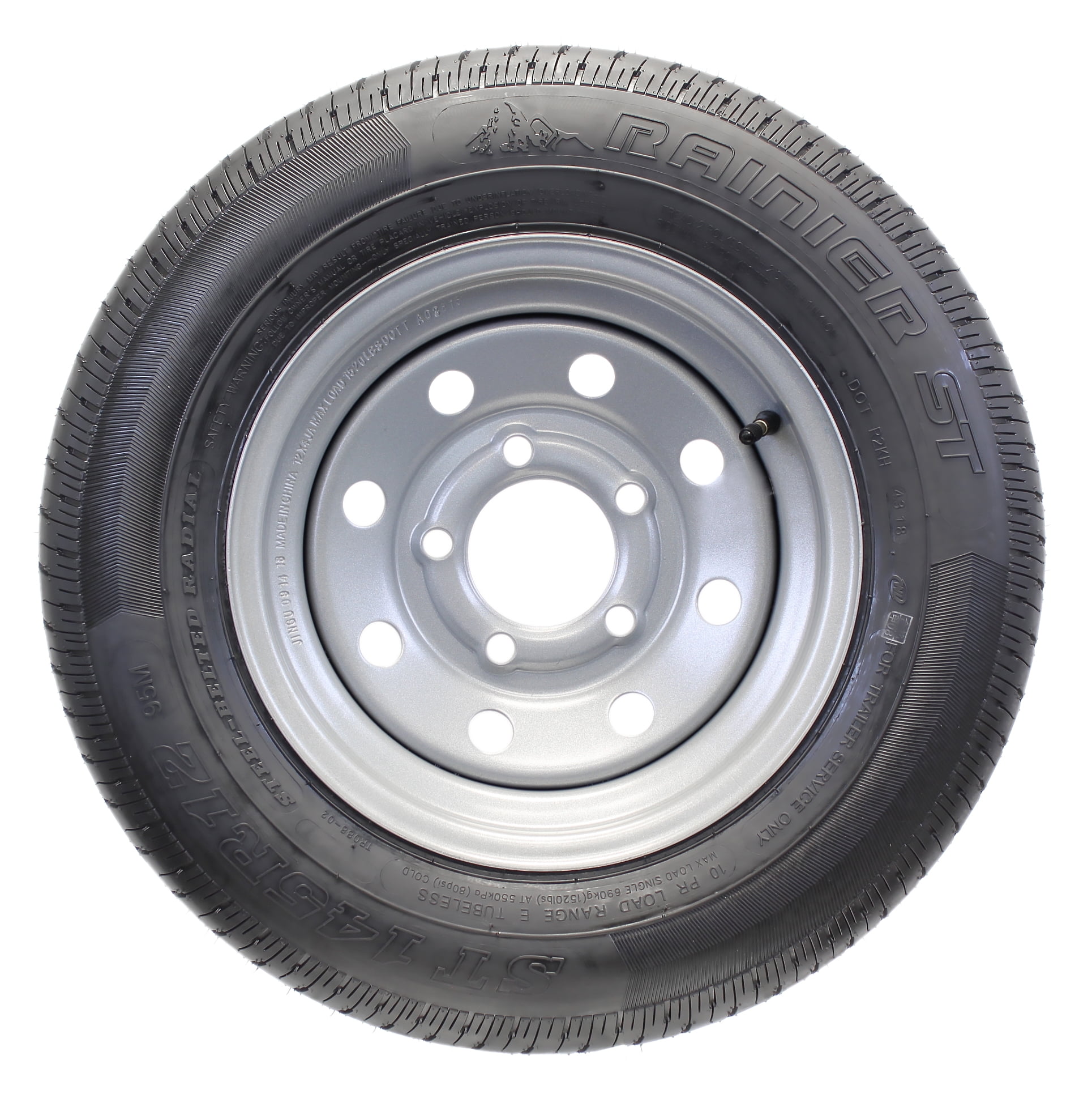 Trailer Tire On Rim ST145/R12 145/R12 Radial Load E 5 Lug Silver Modular Wheel Trailer Tire On Rim ST145/R12 145/R12 Radial Load E 5 Lug Silver Modular Wheel