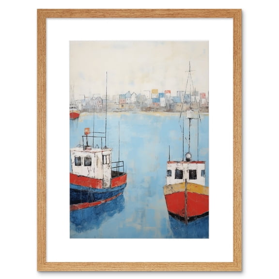 Trailer Trawler Boats in Harbour Oil Painting Red Blue Abstract Coastal Town Bathroom Artwork Framed Wall Art Print 9X7 Inch