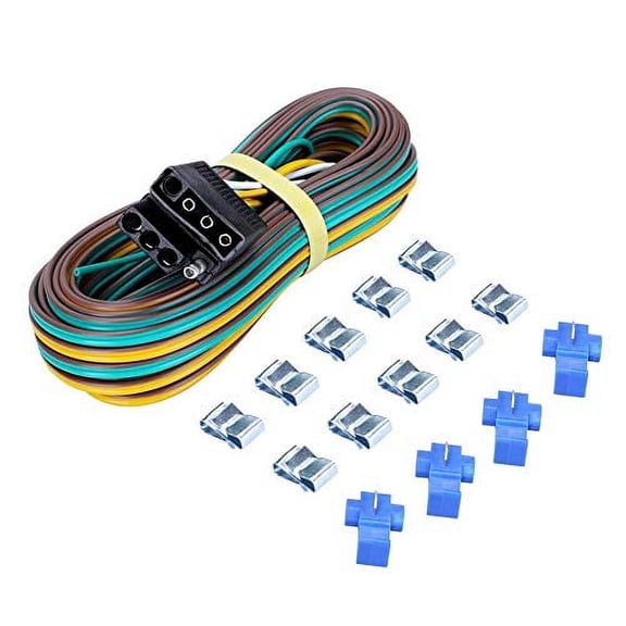 Trailer Wiring Harness Kit 4-Way Wishbone Style, Y Style 18AWG Pure Copper Core Color Coded Wire with Standard 4-pin Flat Plug Connector, 4' Female and 25' Male for 12V Trailer Boat Marine