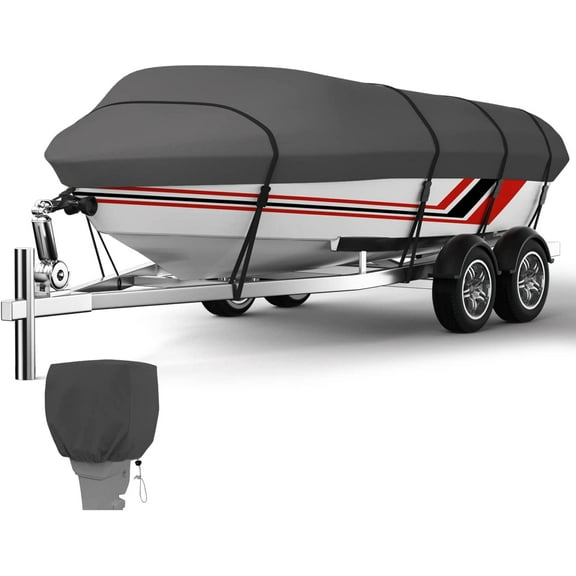 Trailerable Boat Cover 14'-16' with Motor Cover600D Polyester Waterproof UV Resistant Cover for V-Hull Tri-Hull Fishing Boat Runabout