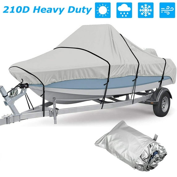 Trailerable Boat Cover, Heavy Duty Waterproof UV Resistant Marine Grade Polyester Fits V-Hull, TRI-Hull, Pro-Style, Fishing Boat, Runabout, Bass Boat,Grey
