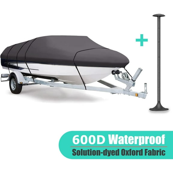 Trailerable Boat Cover with Support Pole 24'-26' 600D Polyester Waterproof UV Resistant Cover for V-Hull Tri-Hull Fishing Boat Runabout