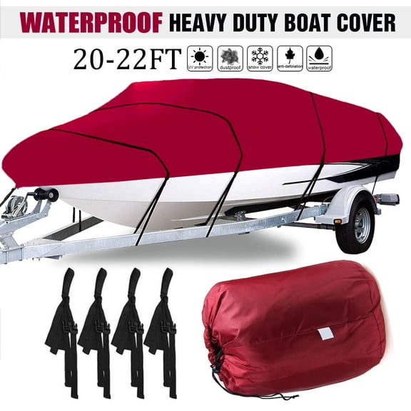 Trailerable Heavy Duty Boat Cover for 20-22ft Boat Beam Width up to 100", 210D Waterproof Fishing Ski Bass V-Hull Tri-Hull Runabouts Boat Cover Anti UV All Weather Protection, Wine Red