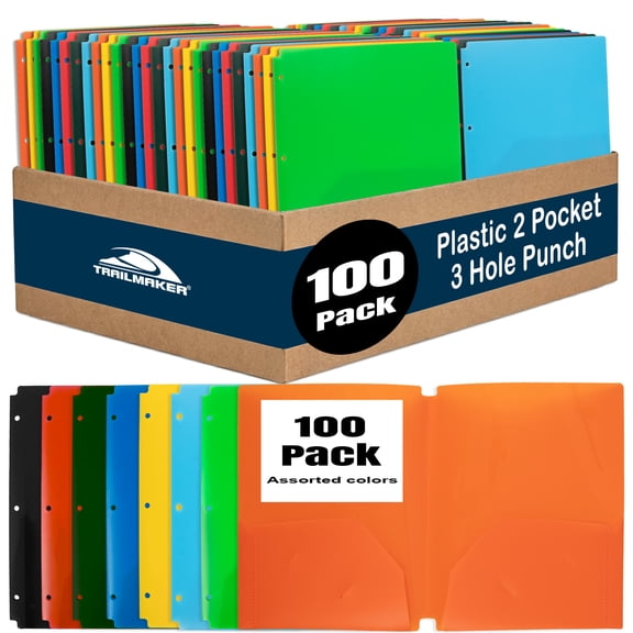 Trailmaker (100 Pack) Two Pocket Plastic Translucent 3-Ring Hole Punch Notched Corner Folders, 11.5L x 9.5W for Filing / Storing Paper Work, Assorted Colors