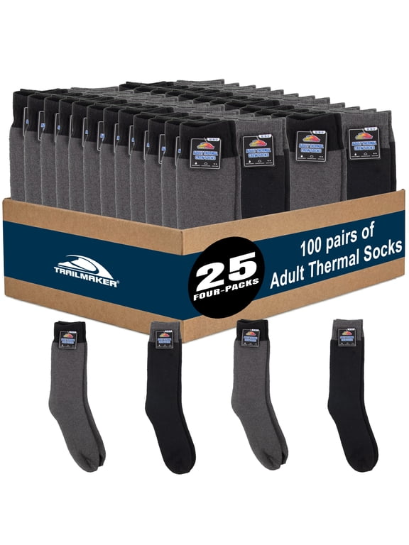 100 Pairs Thermal Insulated, Heavy Cushioned Men's Crew Socks for Cold, Winter Storm Weather - 25 Packs, 4 Pairs Each