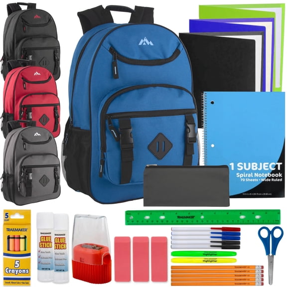 Trailmaker (12 Pack) Boys' 18” Backpacks with 30 Piece School Supply Kits, Bulk School Backpack Set for Students, Donations, Backpack Drives & Community Programs (Male Colors)