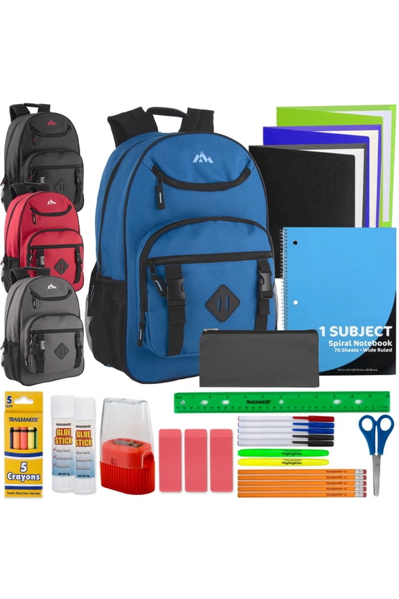 (12 Pack) Boys' 18” Backpacks with 30 Piece School Supply Kits, Bulk School Backpack Set for Students, Donations, Backpack Drives & Community Programs (Male Colors)