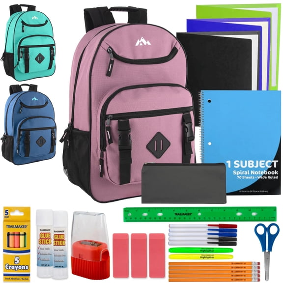 Trailmaker (12 Pack) Girls' 18” Backpacks with 30 Piece School Supply Kits, Bulk School Backpack Set for Students, Donations, Backpack Drives & Community Programs (Female Colors)