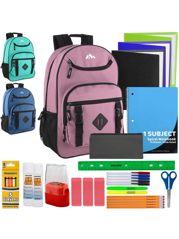 (12 Pack) Girls' 18” Backpacks with 30 Piece School Supply Kits, Bulk School Backpack Set for Students, Donations, Backpack Drives & Community Programs (Female Colors)