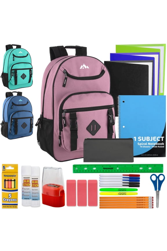 (12 Pack) Girls' 18” Backpacks with 30 Piece School Supply Kits, Bulk School Backpack Set for Students, Donations, Backpack Drives & Community Programs (Female Colors)