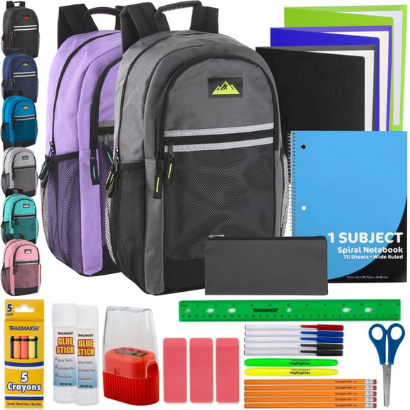 Trailmaker (12 Pack) Unisex 18” Backpacks with 30 Piece School Supply Kits, Bulk School Backpack Set for Students, Donations, Backpack Drives & Community Programs (Unisex Colors)