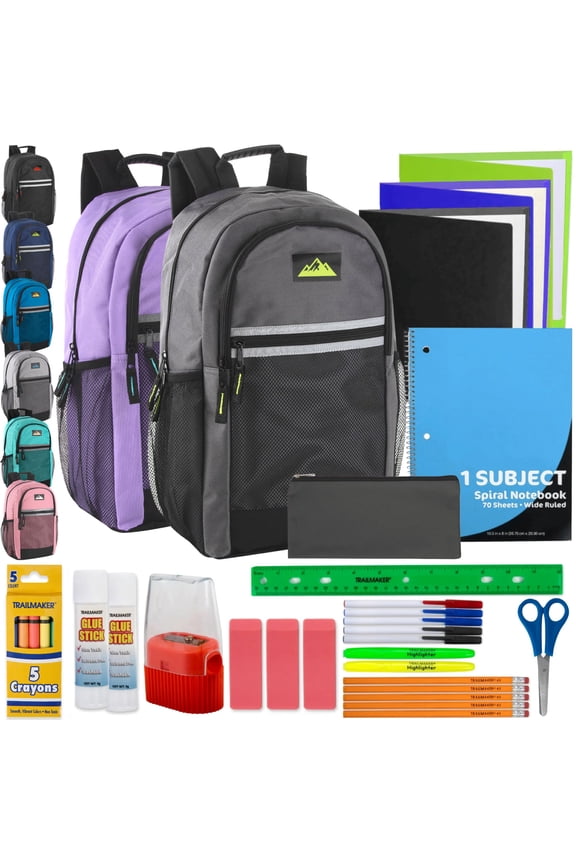 (12 Pack) Unisex 18” Backpacks with 30 Piece School Supply Kits, Bulk School Backpack Set for Students, Donations, Backpack Drives & Community Programs (Unisex Colors)