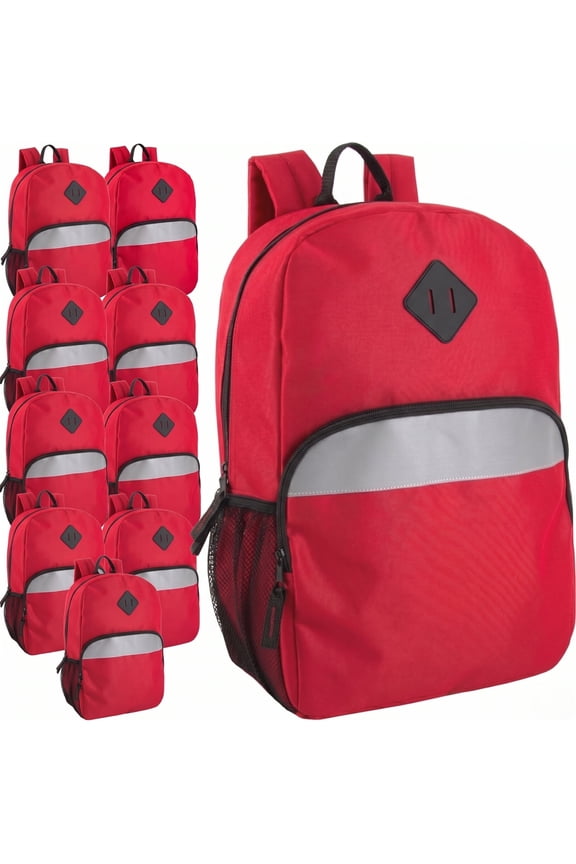 (24 Pack) 17" Backpack – Reflective School Backpack with Padded Straps, Water Bottle Pockets for Kids & Adults, School Travel Camp (Red)