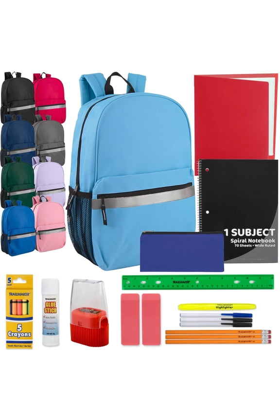24 Pack Bulk Reflective Backpacks with School Supplies, Side Water Bottle Pockets, Padded Straps - Assorted Solid Color Backpacks
