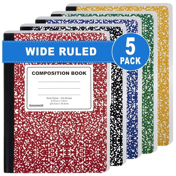 Trailmaker 5 Pack Composition Notebooks Colored, Wide Ruled Marble Cover, 200 Pages (100 Sheets), 9.75 x 7.25, Bulk School Supplies for Classroom, Office & School Donations