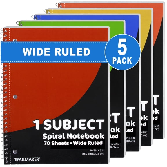 Trailmaker 5 Pack Notebooks, One Subject Notebooks Wide Ruled, 140 Pages (70 Sheets),Spiral Bulk Notebooks for Kids, School Supplies, Journaling, Note Taking, Students, and Work