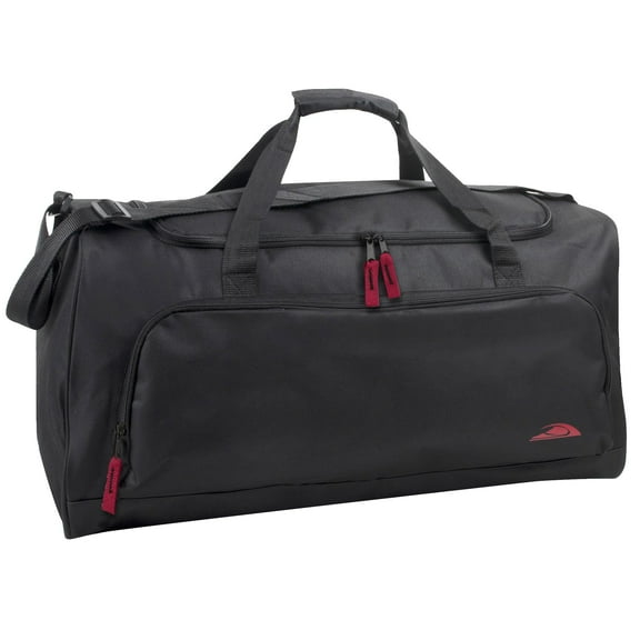 24 Inch 55 Liter Weekender Overnight Duffel Shoulder Bag for Men, Women, Teens, Gym, Travel, Sports and Recreation in Black with Red Accents
