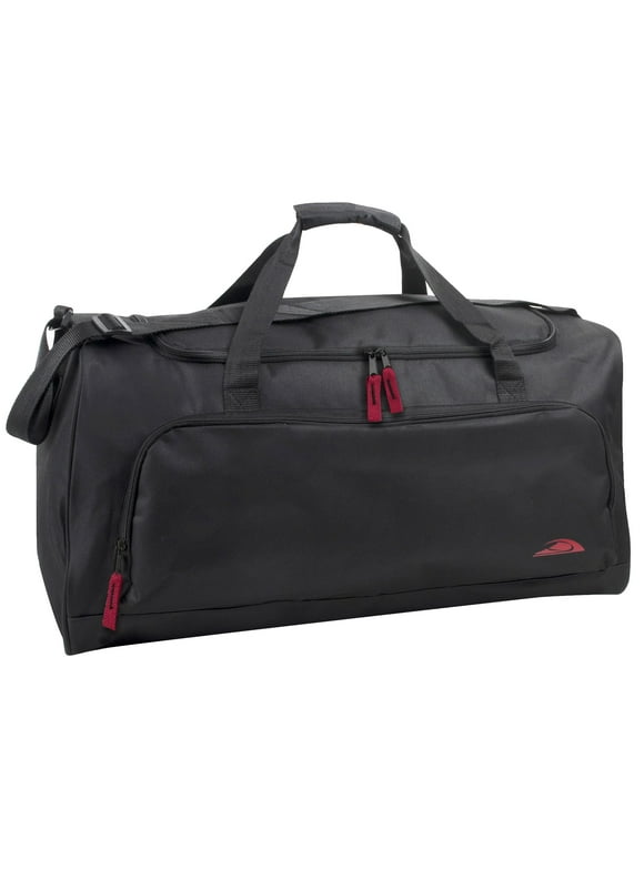 24 Inch 55 Liter Weekender Overnight Duffel Shoulder Bag for Men, Women, Teens, Gym, Travel, Sports and Recreation in Black with Red Accents