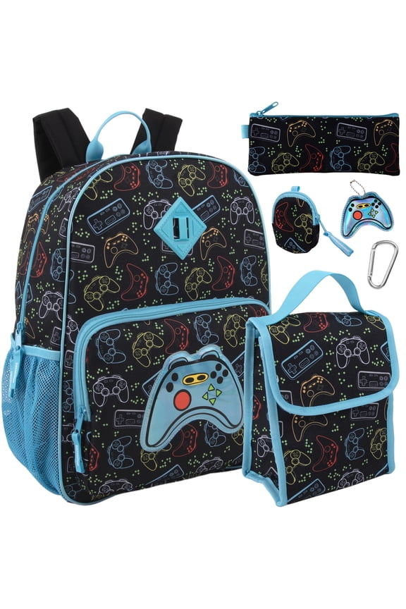 16.5 Inch Boys School Backpack 6 in 1 Set with Lunch Bag, Pencil Case, Tech Pouch, Keychain, Carabiner Clip Attached (Gamer’s Print) for Travel, Commute