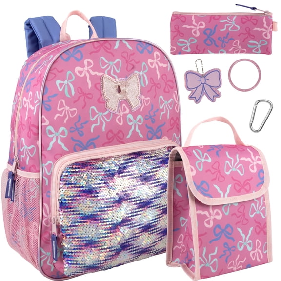 Trailmaker 16.5 Inch Girls School Backpack 6 in 1 Set with Lunch Bag, Pencil Case, Keychain, Bracelet, Carabiner Clip Attached (Bows & Sequins) for Travel, Commute