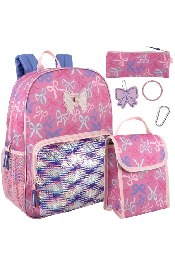16.5 Inch Girls School Backpack 6 in 1 Set with Lunch Bag, Pencil Case, Keychain, Bracelet, Carabiner Clip Attached (Bows & Sequins) for Travel, Commute
