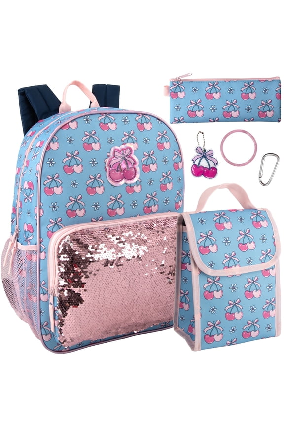 16.5 Inch Girls School Backpack 6 in 1 Set with Lunch Bag, Pencil Case, Keychain, Bracelet, Carabiner Clip Attached (Cherries & Sequins) for Travel, Commute