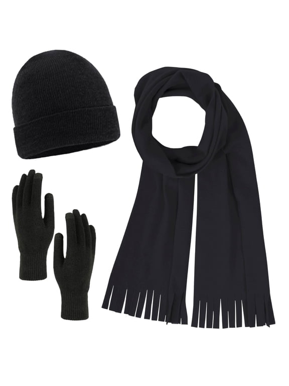 Adult Winter Gear Set – 3 Piece Unisex Beanie Hat, Gloves, Scarf in Black