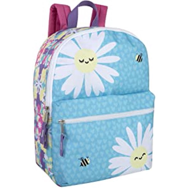 Girls 14"L Fun Printed Backpack with Front Zipper Pocket, Top Carry Handle and Padded Adjustable Shoulder Straps in Friendly Flowers