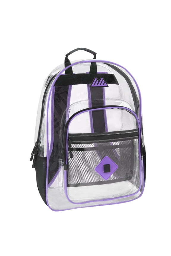 Clear Waterproof Heavy Duty Stadium Approved Backpack with Water Bottle Holding Pockets, Front Zipper Pocket and Mesh Pocket for Men, Women in Purple
