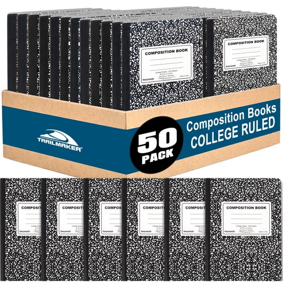 Trailmaker Bulk Composition Notebooks (50 Pack), College Ruled Marble Cover, 200 Pages (100 Sheets), 9.75 x 7.5, Bulk School Supplies for Classroom, Office & School Donations