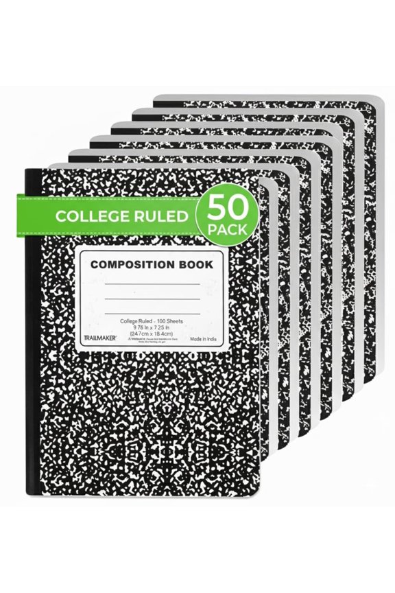 College Ruled Lined Black & White Marble Cover Composition Notebook, 9.75 in x 7.25 in, 100 Sheets