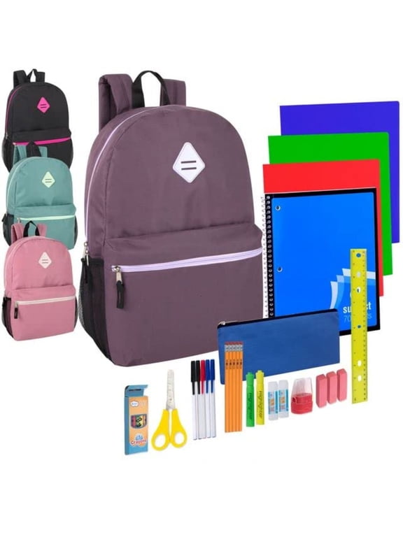 12 Pack of Bulk Wholesale Female Color Backpacks with 30 Piece Stationary Kits Each