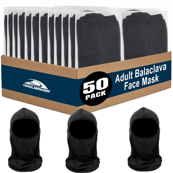 Trailmaker Ski Mask Balaclava Skull Cap Face Coverings, Stretchable Fitted Facial Head Cover for Winter Weather (50 Pack, Black)