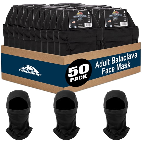Trailmaker Ski Mask Balaclava Skull Cap Face Coverings, Stretchable Fitted Facial Head Cover for Winter Weather (50 Pack, Black)